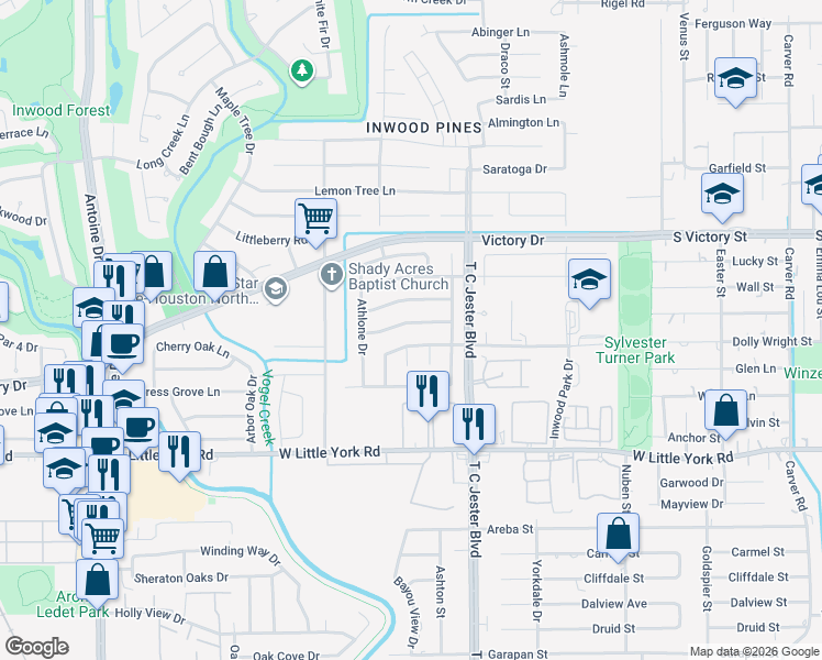 map of restaurants, bars, coffee shops, grocery stores, and more near 3818 Trappers Forest Drive in Houston