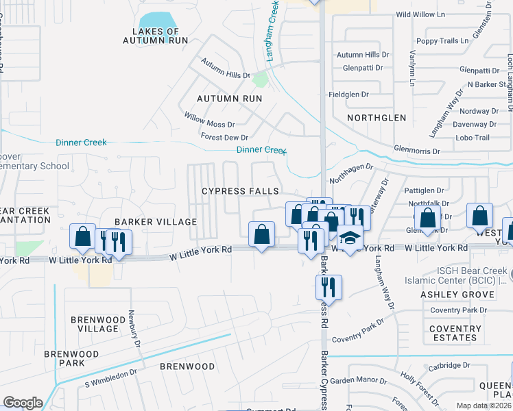 map of restaurants, bars, coffee shops, grocery stores, and more near 18227 Canyon Cypress Lane in Katy