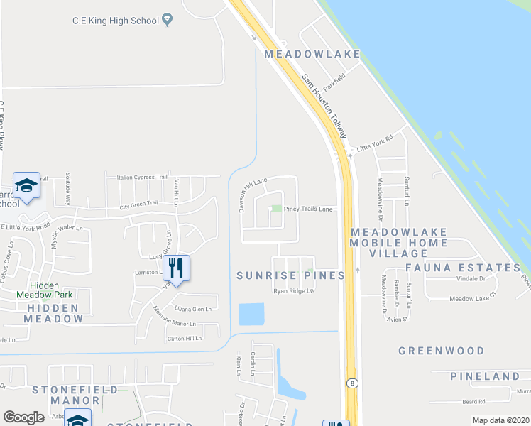 map of restaurants, bars, coffee shops, grocery stores, and more near 10011 Evans Brook Lane in Houston