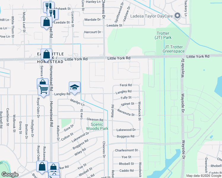 map of restaurants, bars, coffee shops, grocery stores, and more near 10619 Rebel Road in Houston