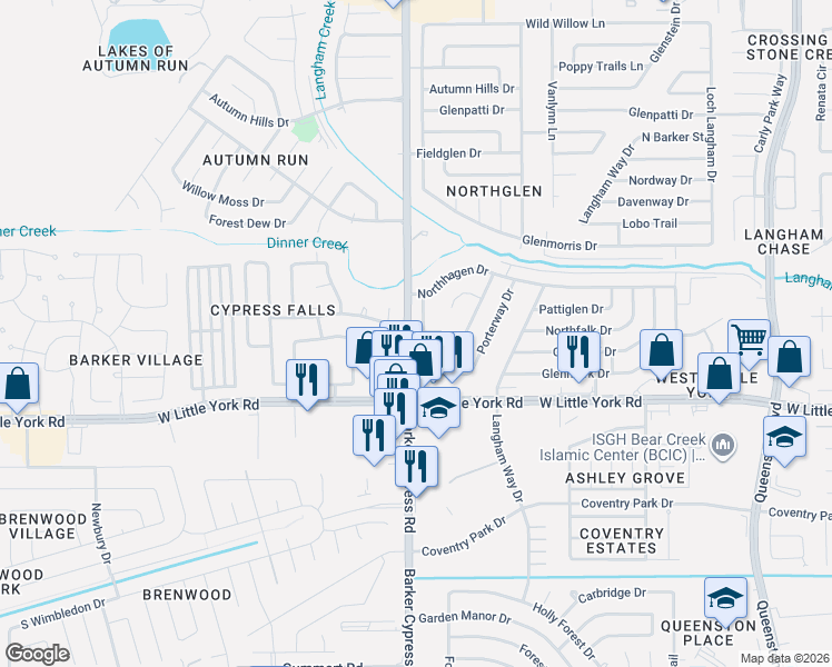 map of restaurants, bars, coffee shops, grocery stores, and more near 6335 Barker Cypress Road in Houston