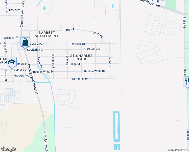 map of restaurants, bars, coffee shops, grocery stores, and more near 602 Reuben White Drive in Crosby
