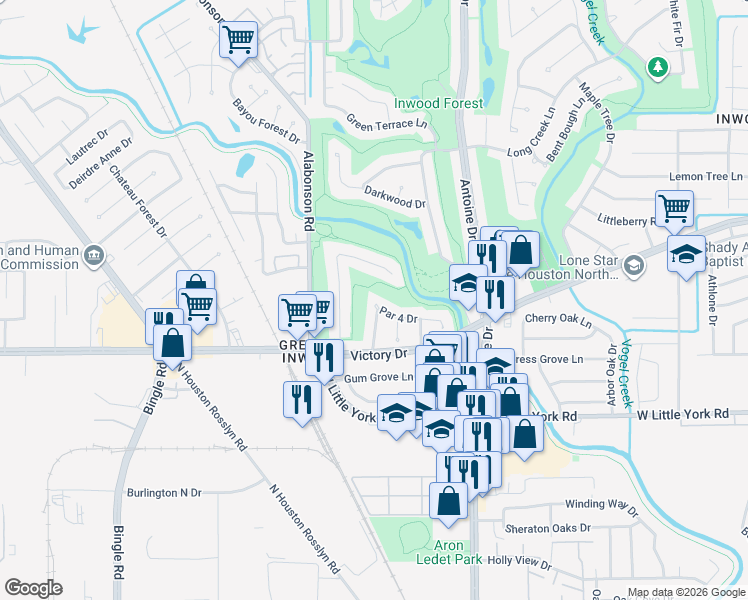 map of restaurants, bars, coffee shops, grocery stores, and more near 5938 Par 4 Drive in Houston