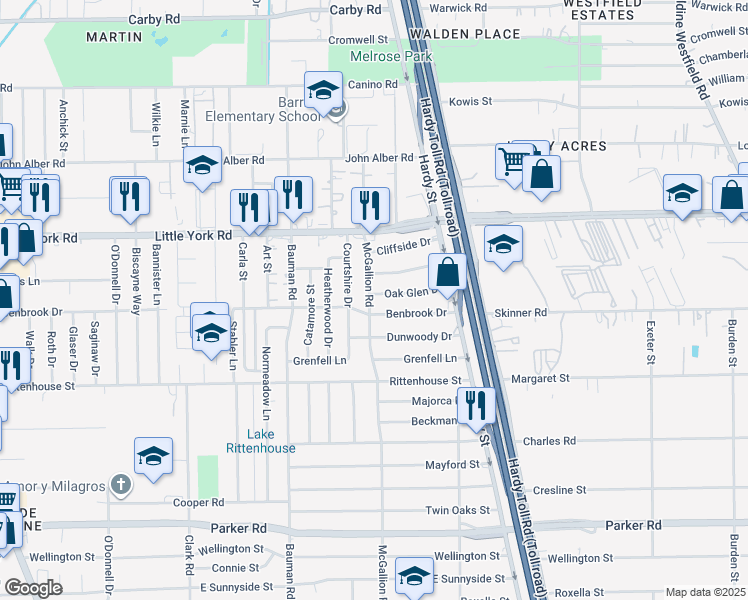 map of restaurants, bars, coffee shops, grocery stores, and more near 701 Oak Glen Drive in Houston