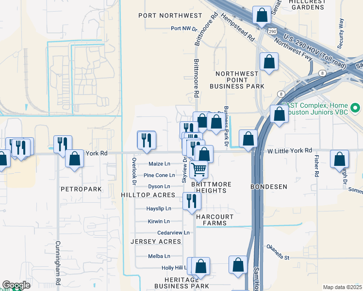 map of restaurants, bars, coffee shops, grocery stores, and more near 11002 West Little York Road in Houston