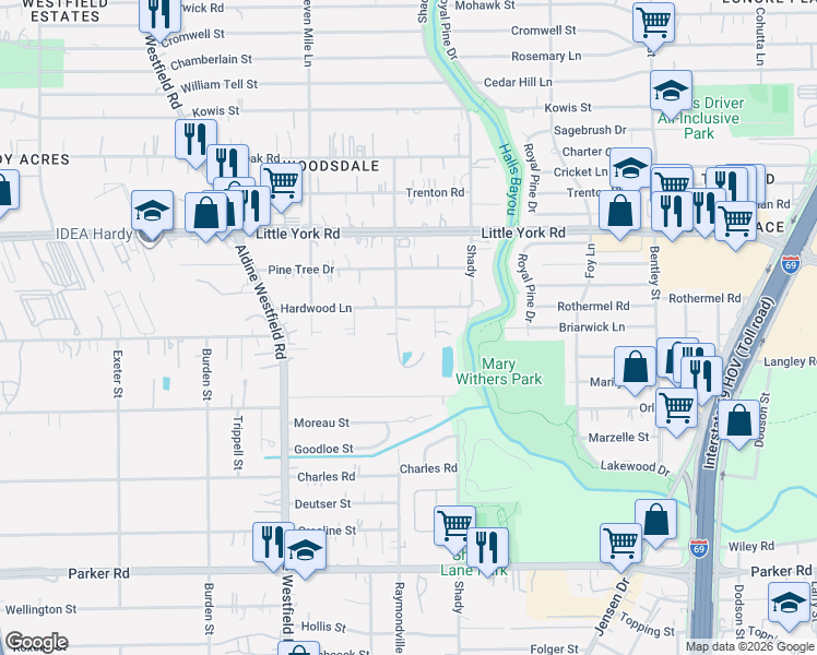 map of restaurants, bars, coffee shops, grocery stores, and more near 2626 Hardwood Lane in Houston