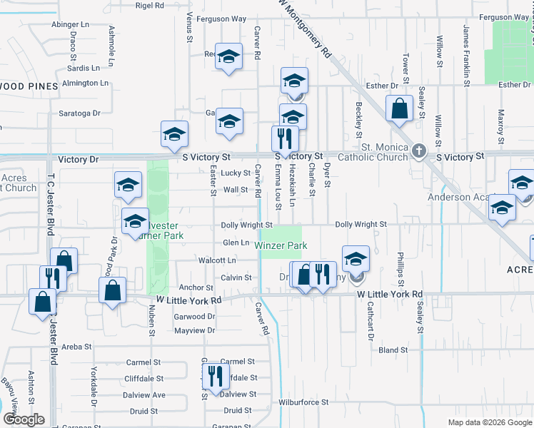 map of restaurants, bars, coffee shops, grocery stores, and more near 7407 Carver Road in Houston