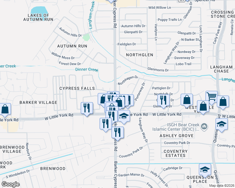 map of restaurants, bars, coffee shops, grocery stores, and more near 6335 Barker Cypress Road in Houston