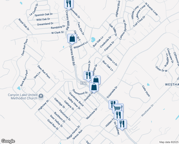 map of restaurants, bars, coffee shops, grocery stores, and more near 355 Ridgerock Drive in Canyon Lake