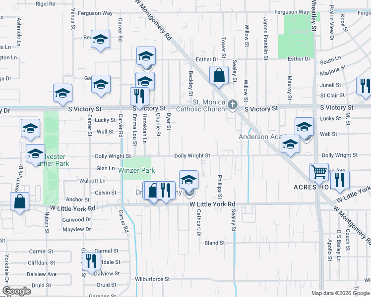 map of restaurants, bars, coffee shops, grocery stores, and more near 1936 Dolly Wright Street in Houston