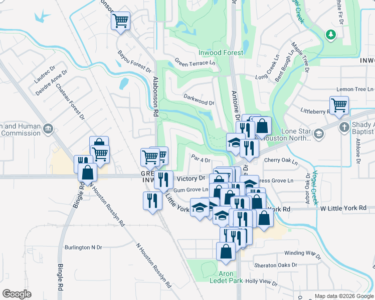 map of restaurants, bars, coffee shops, grocery stores, and more near 5938 Par 4 Drive in Houston