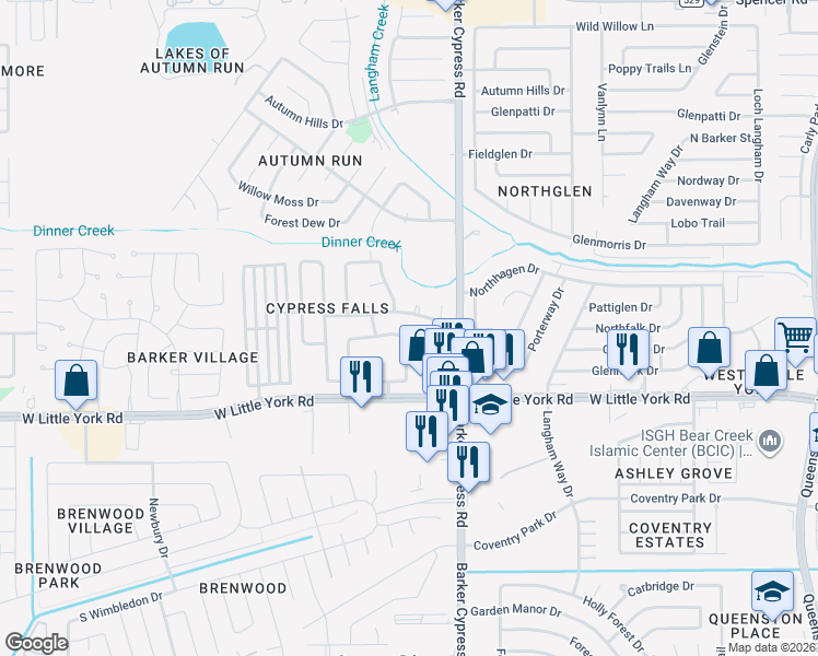 map of restaurants, bars, coffee shops, grocery stores, and more near 18103 Canyon Cypress Lane in Katy
