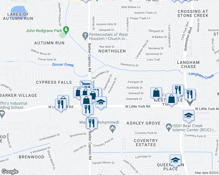 map of restaurants, bars, coffee shops, grocery stores, and more near 6329 Porterway Drive in Houston