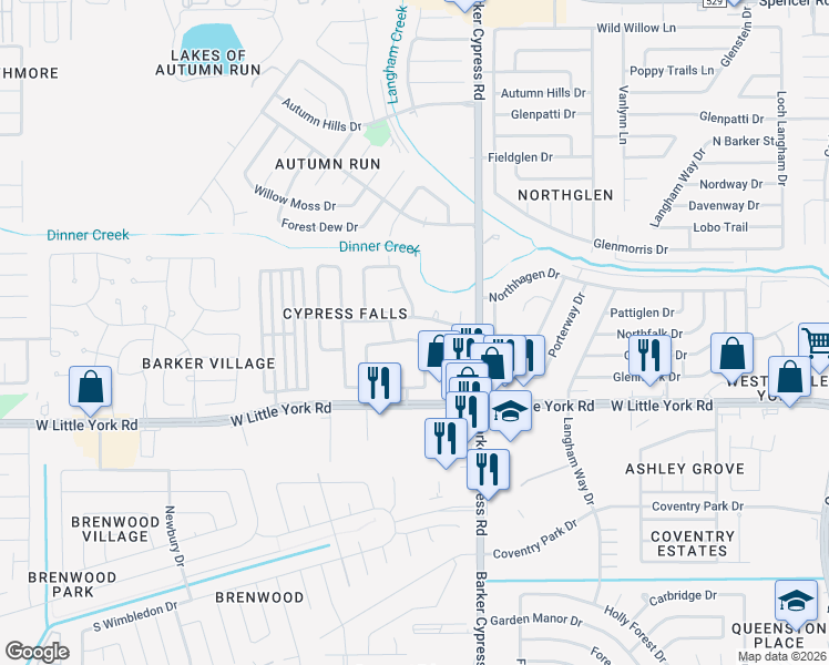 map of restaurants, bars, coffee shops, grocery stores, and more near 18135 Canyon Cypress Lane in Katy