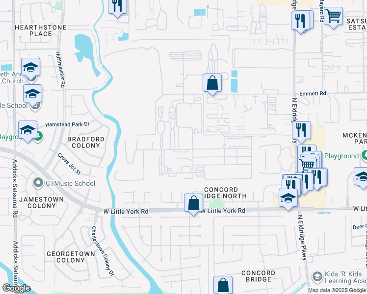 map of restaurants, bars, coffee shops, grocery stores, and more near 6401 North Eldridge Parkway in Houston