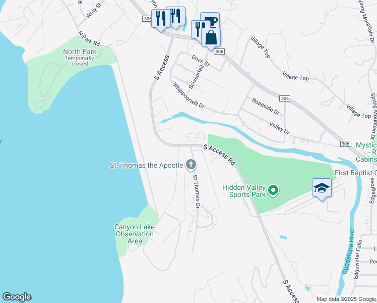 map of restaurants, bars, coffee shops, grocery stores, and more near 130 Saint Thomas Drive in Canyon Lake