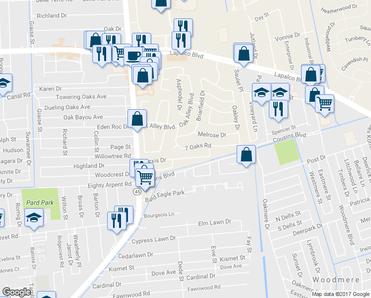 map of restaurants, bars, coffee shops, grocery stores, and more near 23 7 Oaks Road in Marrero