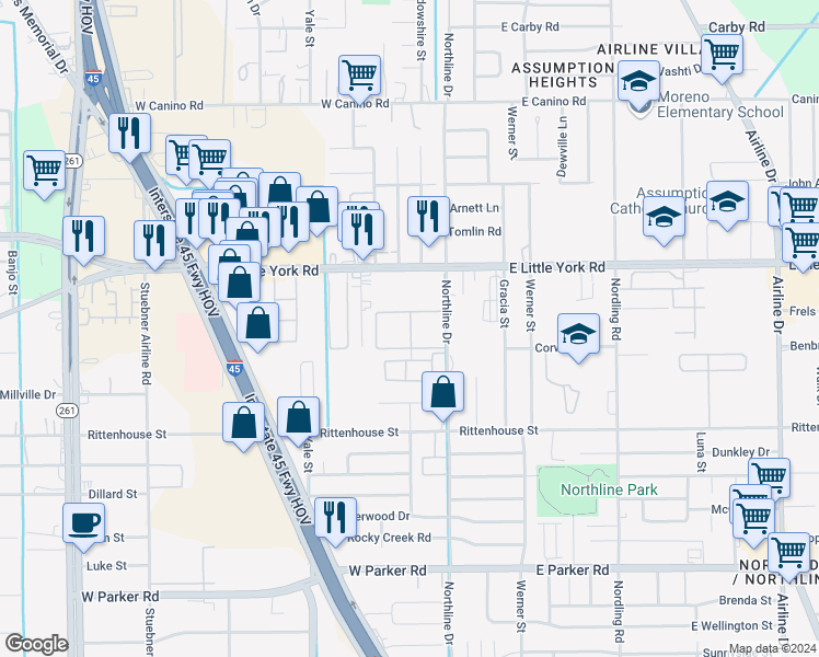 map of restaurants, bars, coffee shops, grocery stores, and more near 7313 Northline Drive in Houston