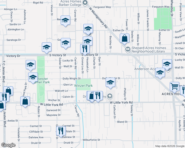 map of restaurants, bars, coffee shops, grocery stores, and more near 7403 Charlie Street in Houston