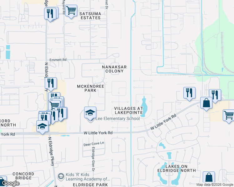map of restaurants, bars, coffee shops, grocery stores, and more near 6615 Calico Woods Lane in Houston