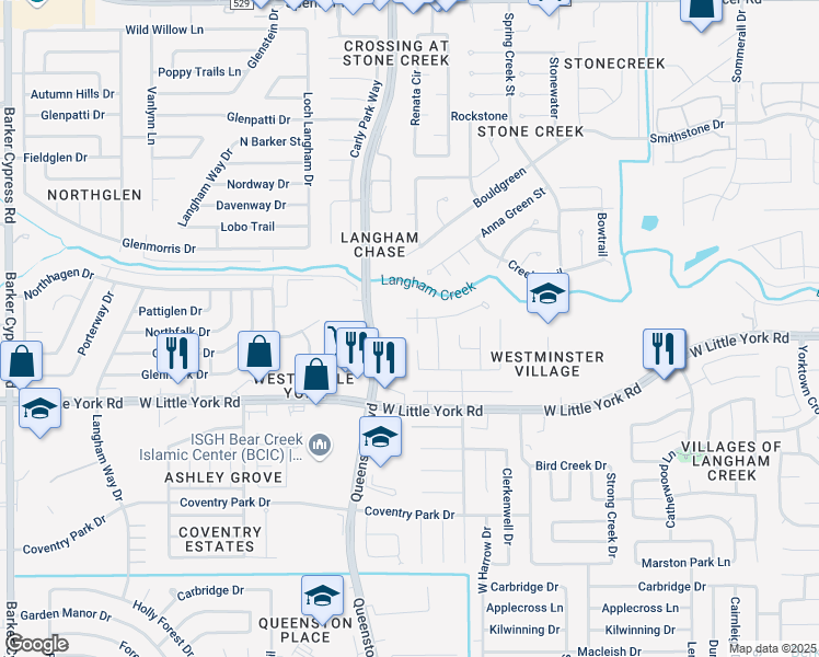 map of restaurants, bars, coffee shops, grocery stores, and more near 6514 Whimsey Court in Houston