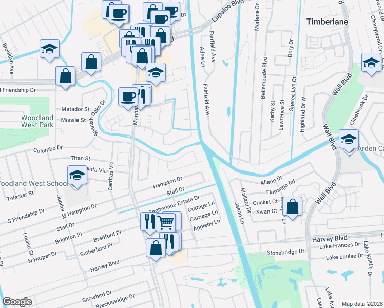 map of restaurants, bars, coffee shops, grocery stores, and more near 1405 Spanish Oaks Drive in Harvey