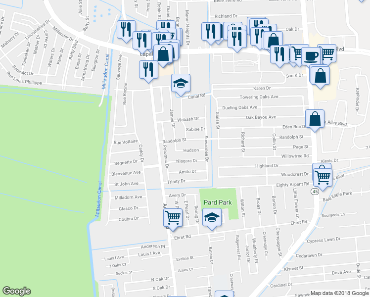 map of restaurants, bars, coffee shops, grocery stores, and more near 5536 Hudson in Marrero