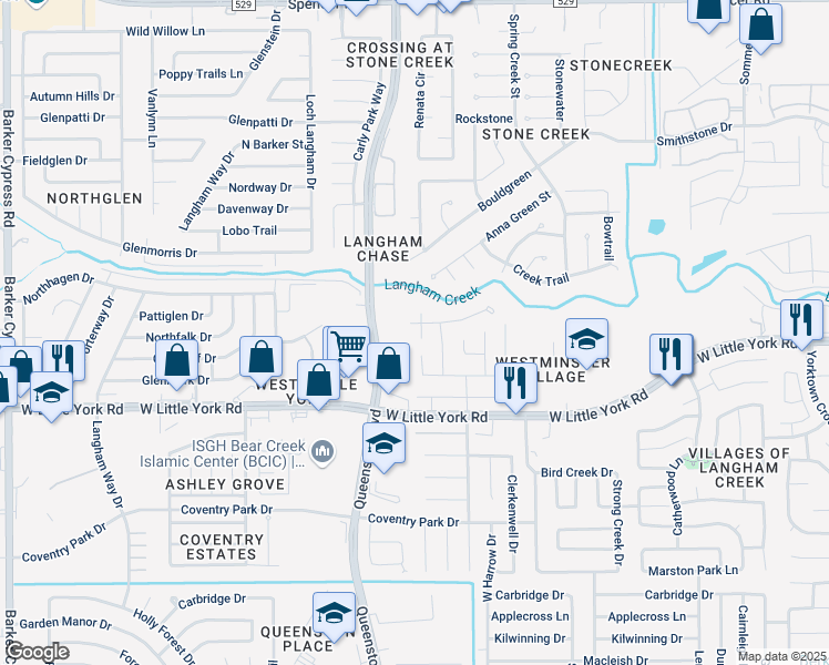 map of restaurants, bars, coffee shops, grocery stores, and more near 6514 Whimsey Court in Houston