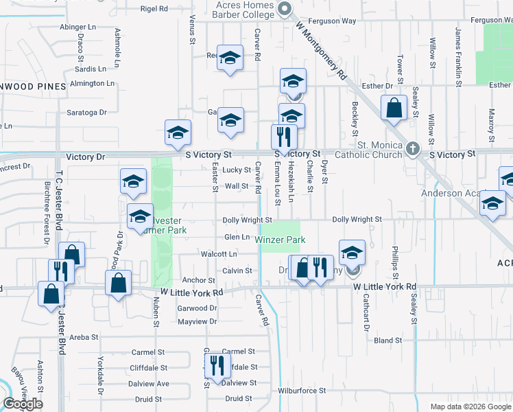 map of restaurants, bars, coffee shops, grocery stores, and more near 7407 Carver Road in Houston
