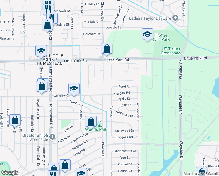 map of restaurants, bars, coffee shops, grocery stores, and more near 10619 Rebel Road in Houston
