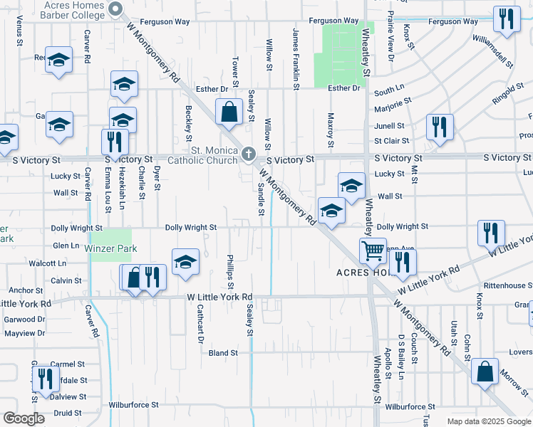 map of restaurants, bars, coffee shops, grocery stores, and more near 7423 Sandle Street in Houston