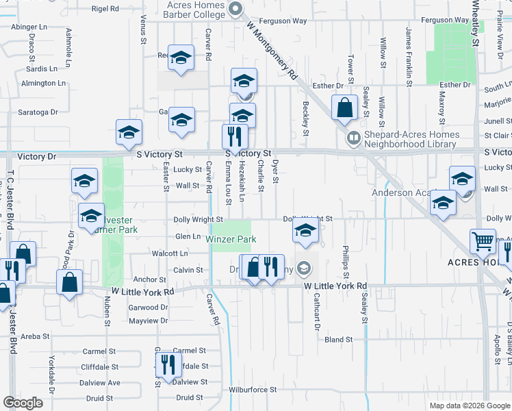 map of restaurants, bars, coffee shops, grocery stores, and more near 7403 Charlie Street in Houston