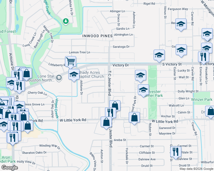 map of restaurants, bars, coffee shops, grocery stores, and more near 3707 Badger Forest Drive in Houston