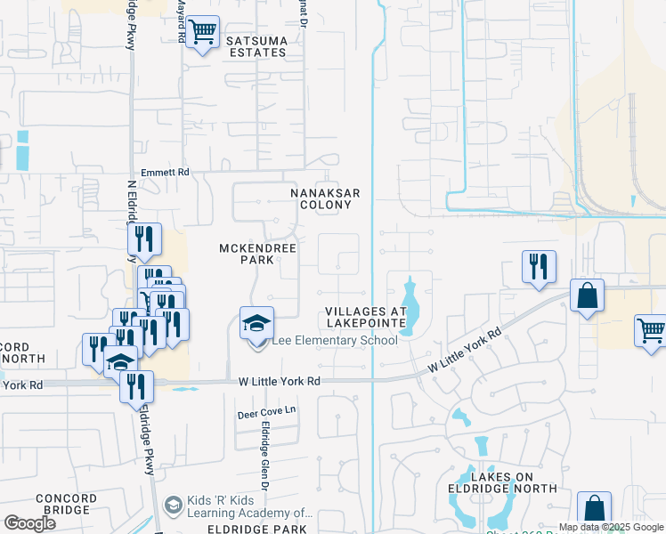 map of restaurants, bars, coffee shops, grocery stores, and more near 6615 Calico Woods Lane in Houston