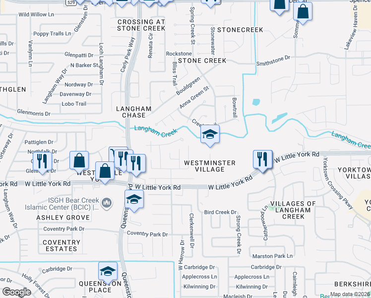map of restaurants, bars, coffee shops, grocery stores, and more near 6522 Mildenhall Court in Houston