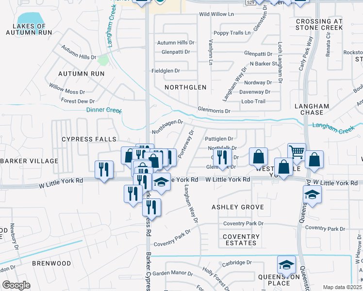 map of restaurants, bars, coffee shops, grocery stores, and more near 6326 Glenhagen Drive in Houston
