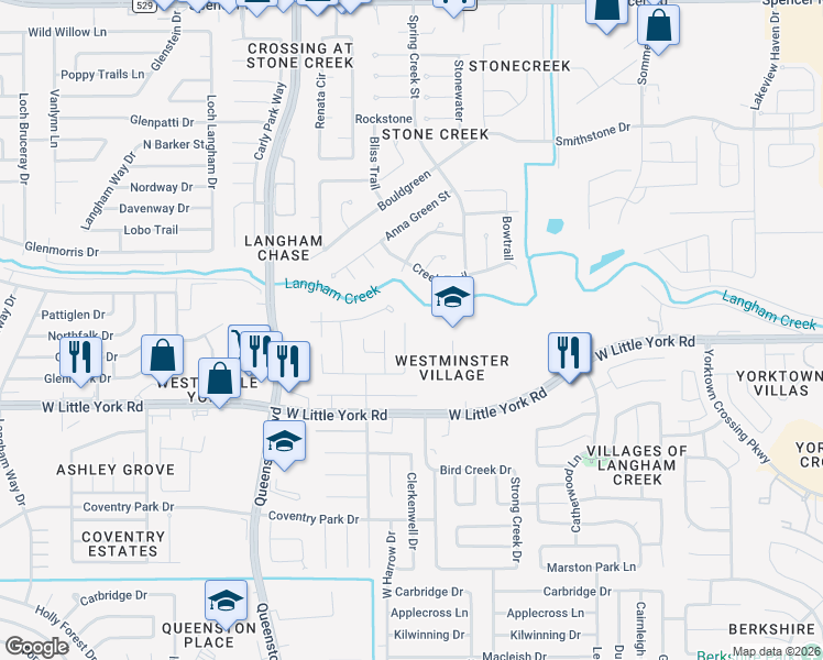 map of restaurants, bars, coffee shops, grocery stores, and more near 6518 Midenhall Court in Houston