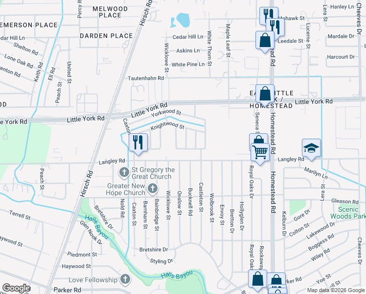 map of restaurants, bars, coffee shops, grocery stores, and more near 10603 Bucknell Road in Houston