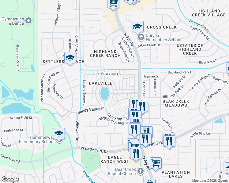 map of restaurants, bars, coffee shops, grocery stores, and more near 6242 Settlers Lake Circle East in Katy