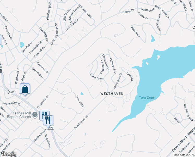 map of restaurants, bars, coffee shops, grocery stores, and more near 119 Outer Drive West in Canyon Lake