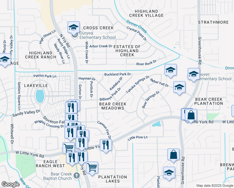 map of restaurants, bars, coffee shops, grocery stores, and more near 19535 Billineys Park Drive in Katy