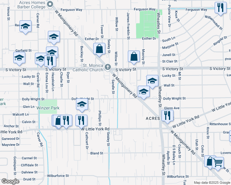 map of restaurants, bars, coffee shops, grocery stores, and more near 7423 Sandle Street in Houston