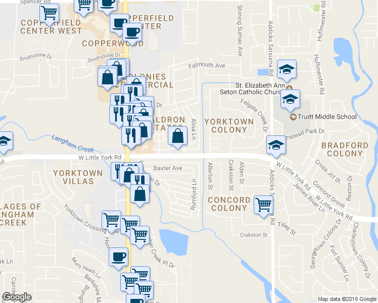 map of restaurants, bars, coffee shops, grocery stores, and more near 15344 West Little York Road in Houston