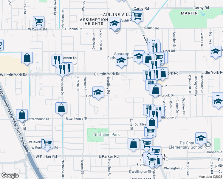 map of restaurants, bars, coffee shops, grocery stores, and more near 7316 Nordling Road in Houston