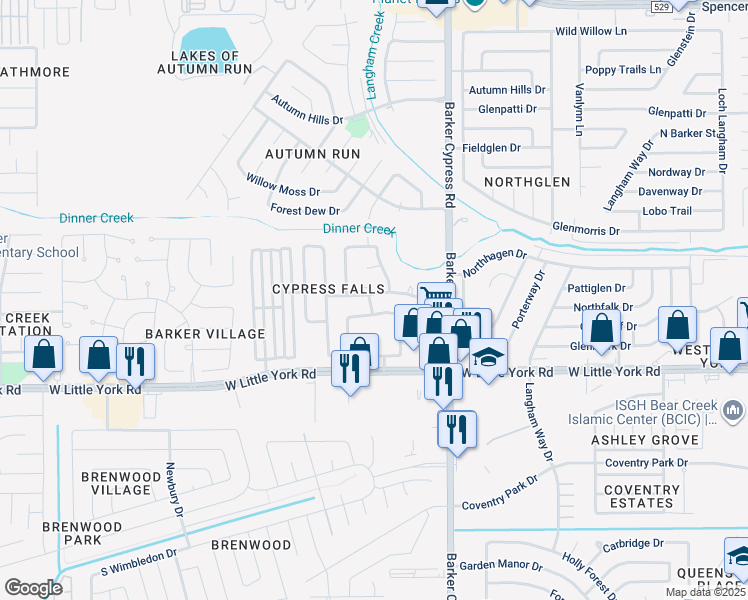 map of restaurants, bars, coffee shops, grocery stores, and more near 18135 Canyon Cypress Lane in Katy