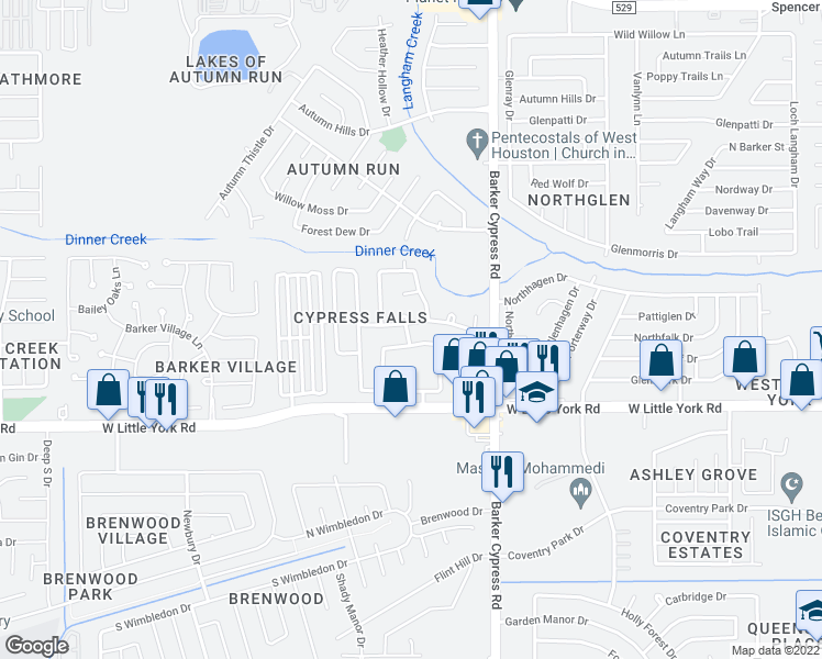map of restaurants, bars, coffee shops, grocery stores, and more near 18135 Canyon Cypress Lane in Katy