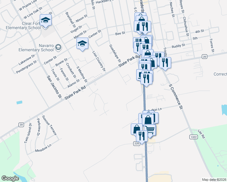 map of restaurants, bars, coffee shops, grocery stores, and more near 400 Farm to Market 20 in Lockhart