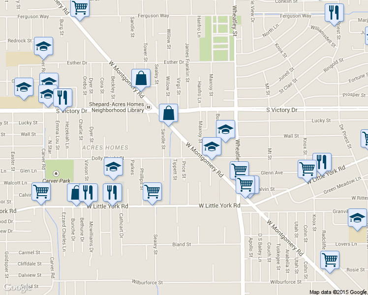 map of restaurants, bars, coffee shops, grocery stores, and more near 7422 Virgil Street in Houston