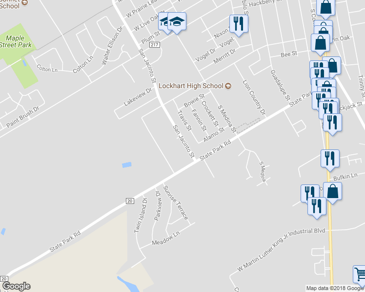 map of restaurants, bars, coffee shops, grocery stores, and more near 1007 San Jacinto Street in Lockhart