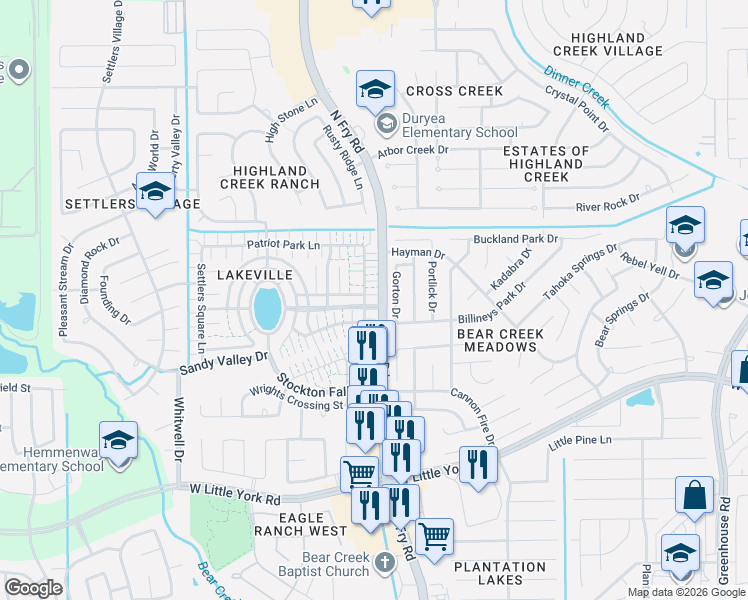 map of restaurants, bars, coffee shops, grocery stores, and more near 6310 Provident Green Drive in Katy